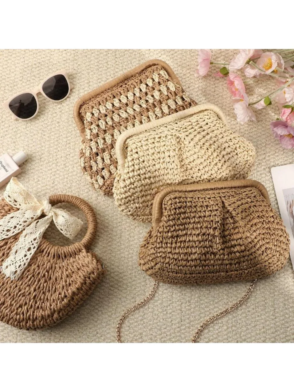 Woven Straw Clutch Purse for Women, Chic Detachable Chain Bag, Summer Accessory